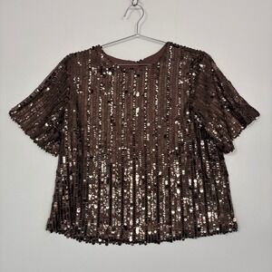 NWT LOFT Women Top Medium Brown Sequin Short Sleeve Holiday Blouse 37284794